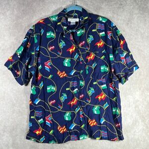 Vintage IZOD Shirt Womens Large Blue Nautical Flag Print‎ Button Retro Patriotic